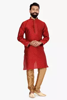 Men Red Blackberry Silk Kurta Churidar Set