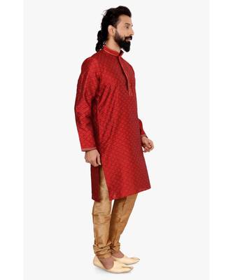 Men Red Blackberry Silk Kurta Churidar Set 3