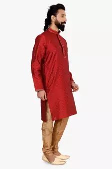 Men Red Blackberry Silk Kurta Churidar Set
