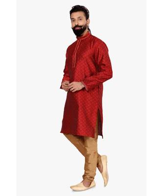 Men Red Blackberry Silk Kurta Churidar Set 4
