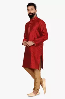 Men Red Blackberry Silk Kurta Churidar Set