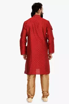 Men Red Blackberry Silk Kurta Churidar Set