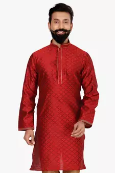 Men Red Blackberry Silk Kurta Churidar Set