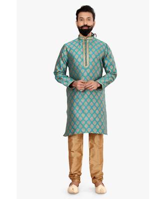 Men Blue Jacquard Silk Kurta Churidar Set 2