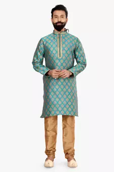 Men Blue Jacquard Silk Kurta Churidar Set