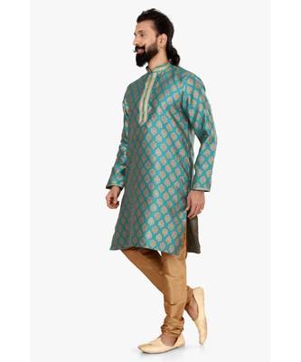 Men Blue Jacquard Silk Kurta Churidar Set 3