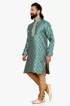 Men Blue Jacquard Silk Kurta Churidar Set