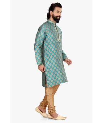 Men Blue Jacquard Silk Kurta Churidar Set 4