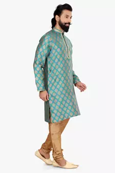 Men Blue Jacquard Silk Kurta Churidar Set