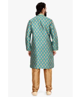 Men Blue Jacquard Silk Kurta Churidar Set 5