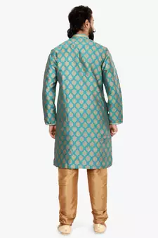 Men Blue Jacquard Silk Kurta Churidar Set