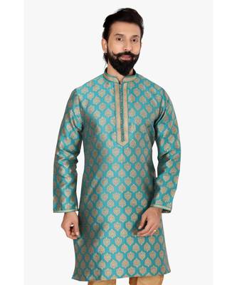 Men Blue Jacquard Silk Kurta Churidar Set 6