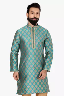 Men Blue Jacquard Silk Kurta Churidar Set