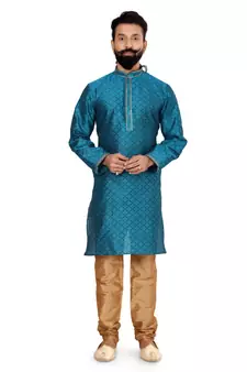 Men Blue Blackberry Silk Kurta Churidar Set