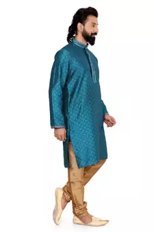 Men Blue Blackberry Silk Kurta Churidar Set