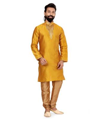 Men Yellow Blackberry Silk Kurta Churidar Set 2