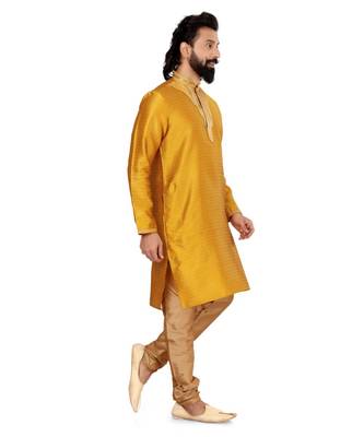 Men Yellow Blackberry Silk Kurta Churidar Set 3