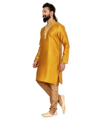 Men Yellow Blackberry Silk Kurta Churidar Set 4