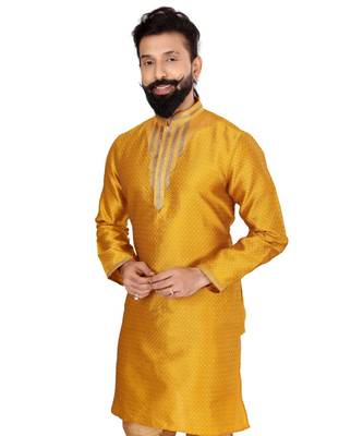 Men Yellow Blackberry Silk Kurta Churidar Set 6