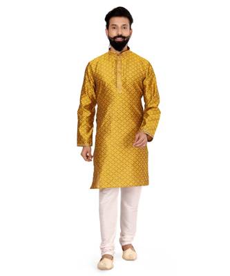 Men Yellow Blackberry Silk Kurta Churidar Set 2