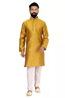 Men Yellow Blackberry Silk Kurta Churidar Set