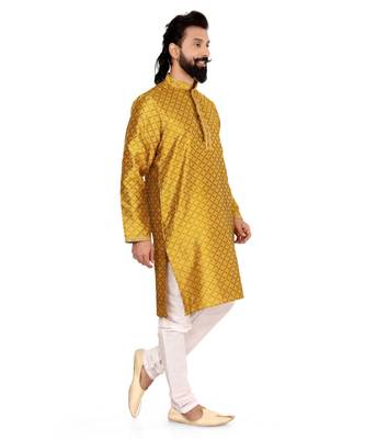 Men Yellow Blackberry Silk Kurta Churidar Set 3