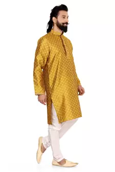 Men Yellow Blackberry Silk Kurta Churidar Set