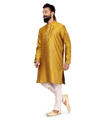 Men Yellow Blackberry Silk Kurta Churidar Set 4