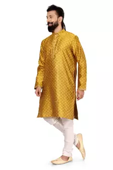 Men Yellow Blackberry Silk Kurta Churidar Set