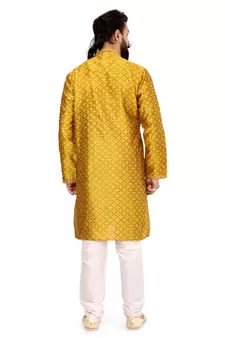 Men Yellow Blackberry Silk Kurta Churidar Set