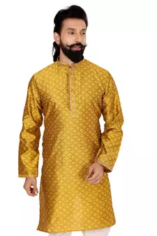 Men Yellow Blackberry Silk Kurta Churidar Set