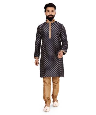 Men Dark Navy Blue Dupion Silk Khari Printed Kurta Churidar Set 2