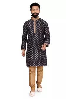 Men Dark Navy Blue Dupion Silk Khari Printed Kurta Churidar Set