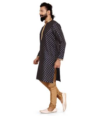 Men Dark Navy Blue Dupion Silk Khari Printed Kurta Churidar Set 3