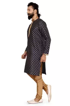 Men Dark Navy Blue Dupion Silk Khari Printed Kurta Churidar Set