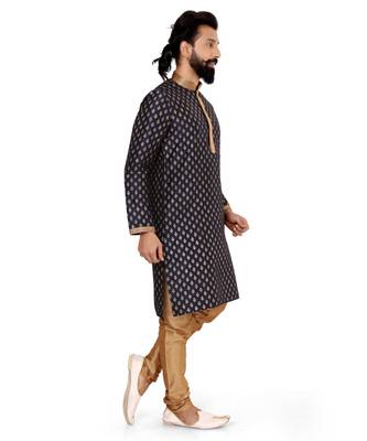 Men Dark Navy Blue Dupion Silk Khari Printed Kurta Churidar Set 4
