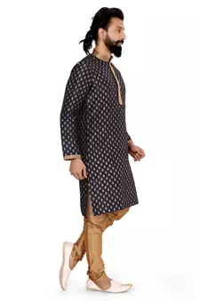 Men Dark Navy Blue Dupion Silk Khari Printed Kurta Churidar Set