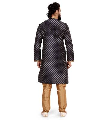 Men Dark Navy Blue Dupion Silk Khari Printed Kurta Churidar Set 5