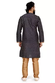 Men Dark Navy Blue Dupion Silk Khari Printed Kurta Churidar Set
