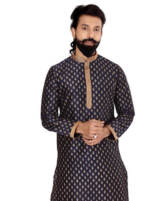 Men Dark Navy Blue Dupion Silk Khari Printed Kurta Churidar Set 6