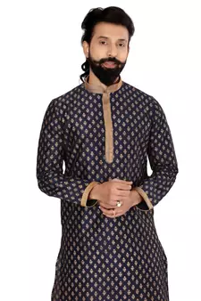Men Dark Navy Blue Dupion Silk Khari Printed Kurta Churidar Set