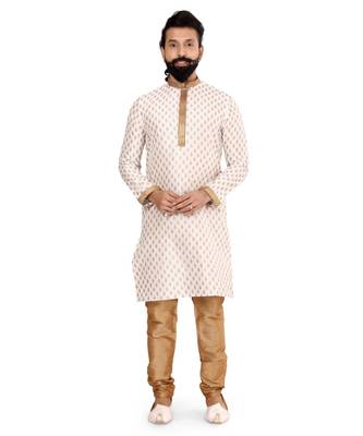Men Off White Dupion Silk Khari Printed Kurta Churidar Set 2