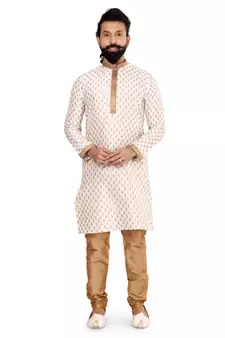 Men Off White Dupion Silk Khari Printed Kurta Churidar Set