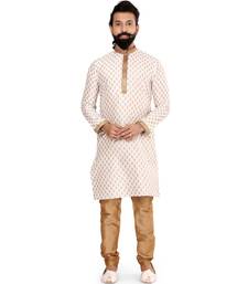 Men Off White Dupion Silk Khari Printed Kurta Churidar Set