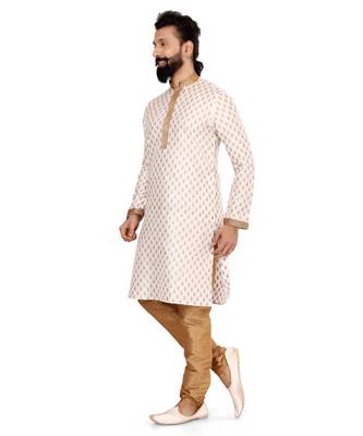 Men Off White Dupion Silk Khari Printed Kurta Churidar Set 3