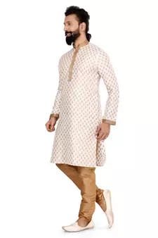 Men Off White Dupion Silk Khari Printed Kurta Churidar Set