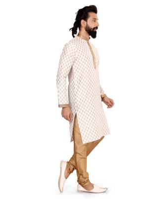 Men Off White Dupion Silk Khari Printed Kurta Churidar Set 4