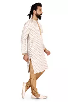 Men Off White Dupion Silk Khari Printed Kurta Churidar Set