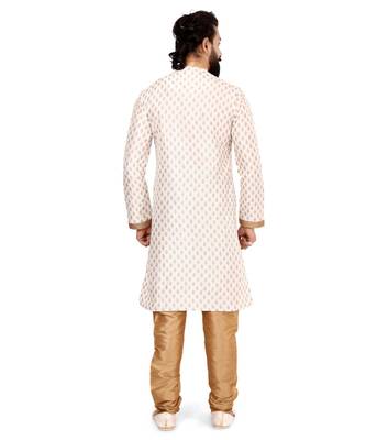 Men Off White Dupion Silk Khari Printed Kurta Churidar Set 5