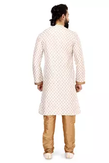 Men Off White Dupion Silk Khari Printed Kurta Churidar Set